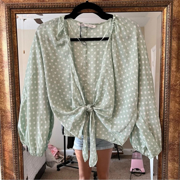 Zara Tie Front Polka Dot Blouse - Picture 1 of 4
